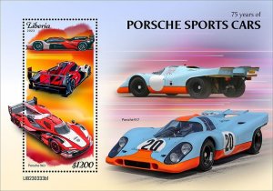 LIBERIA- 2023 - Porsche Sports Cars - Perf Souv Sheet - Mint Never Hinged