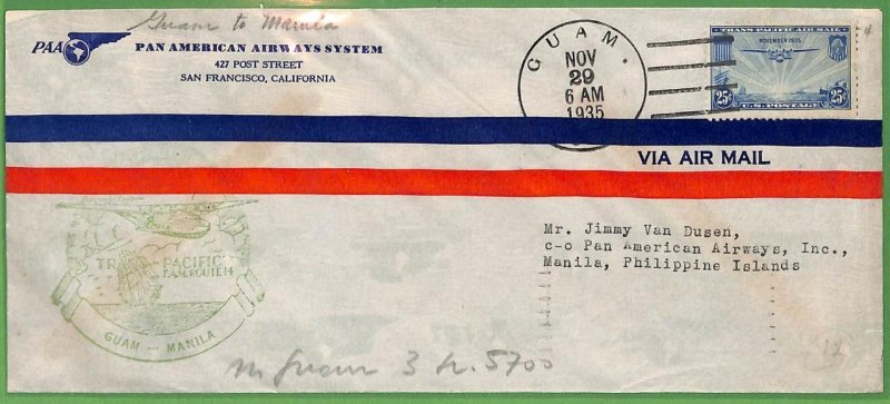 ZA1544 - USA - Postal History - FIRST FLIGHT COVER Guam - Manila 1935 PANAM