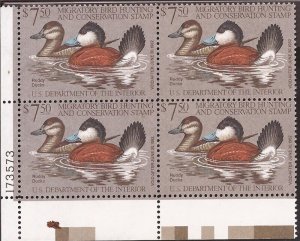 US Stamp - 1981 $7.50 Duck Stamp Ruddy Ducks - 4 Stamp Plate Block Scott #RW48