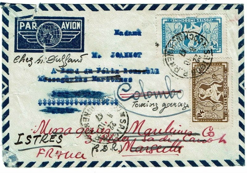 Indochina 1947 Saigon cancel on airmail cover to EGYPT, re-directed to France