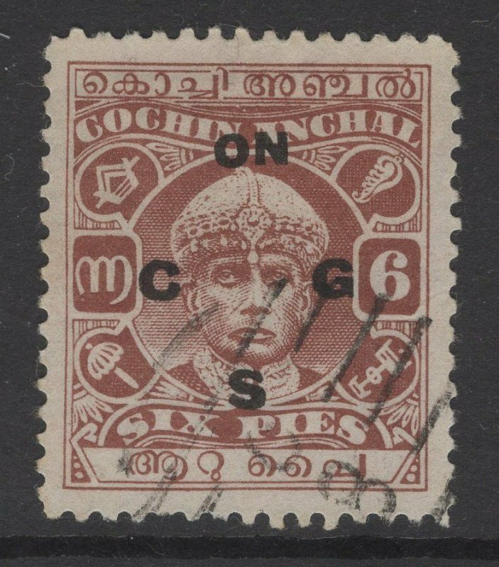 INDIA-COCHIN SGO48 1938 6p RED-BROWN p11 USED