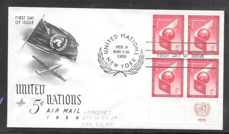 United Nations #C6 FDC Artcraft Inscription Block of 4 Cachet (my2944)