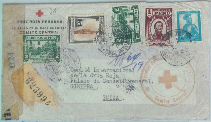 89610 - PERU - POSTAL HISTORY -  REGISTERED COVER to SWITZERLAND 1944 Red Cross