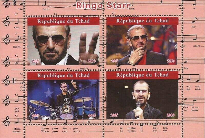 Chad - 2019 The Beatles Drummer Ringo Starr - 4 Stamp Sheet - 3B-750