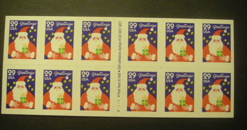 Scott 2873a, 29c Santa, Booklet pane of 12, #V1111, Type A, MNH Booklet Beauty