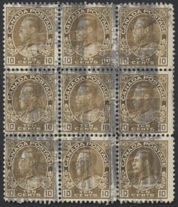 Canada #118 10 George V Admiral Used Block of 9 Fine Centered Regina Sask Roller