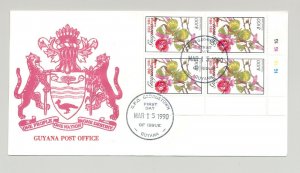 Guyana 1990 Butterflies 1v Cylinder Block of 4 with Red Inverted o/p on FDC