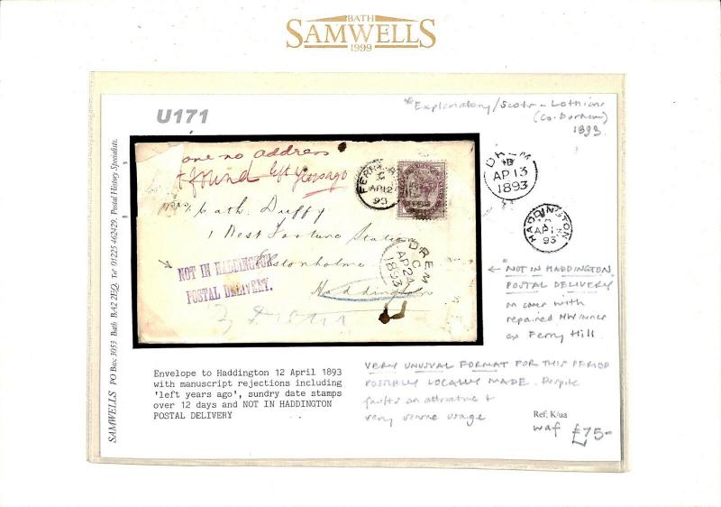 GB Cover Explanatory *NOT IN HADDINGTON / POSTAL DELIVERY* Scotland 1893 U171