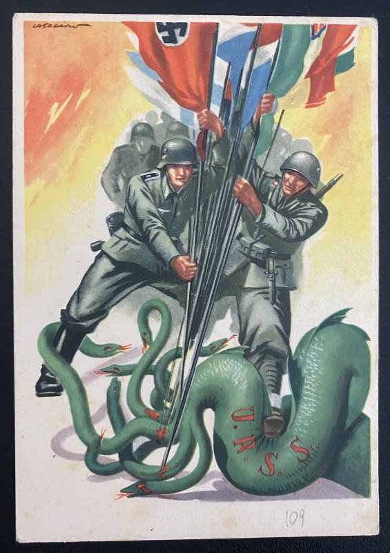 1942 Italy Army PO 80 Picture Postcard cover to Torino killing the Russian snake