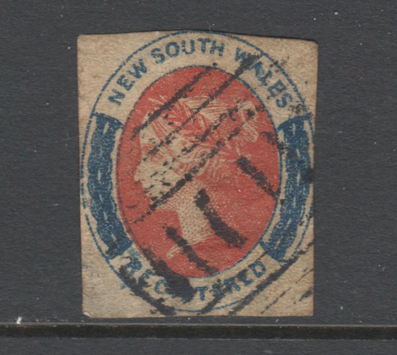 New South Wales SG 103 used. 1856 (6p) salmon & indigo imperf Registry, sm thin