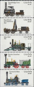 1987 Steam Locomotive Trains Pane Of 5 22c Postage Stamps, Sc#2362-2366, MNH, OG