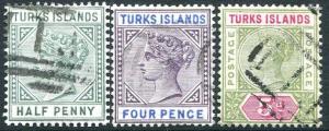 TURKS ISLANDS-1893-95 Set of 3 Values Sg 70-72  FINE USED V24016