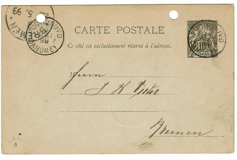 Benin 1899 Porto Novo cancels on postal card to Germany, Cotonou transit cancel