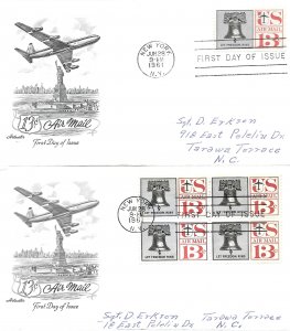 1961 Air Mail FDC, #C61, 13c Liberty Bell, Artmaster, single/block of 4