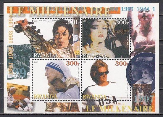 Rwanda, 2001 Cinderella issue. 90`s sheet. Mother Teresa, Diana, M. Jackson.  