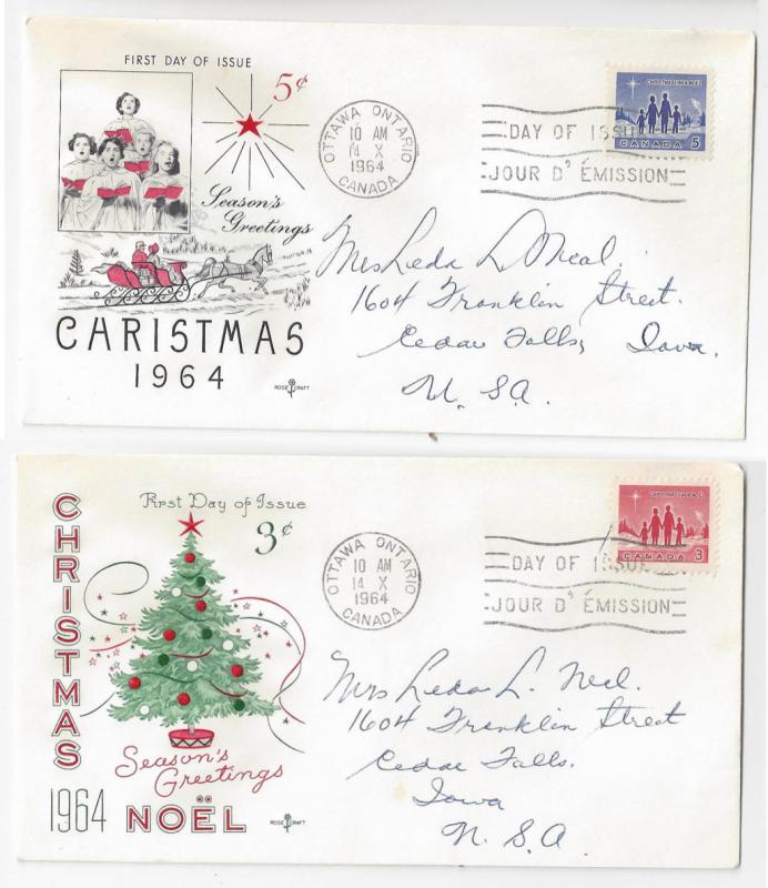 Canada FDC 1964 Christmas (2) Covers Sc# 434 435 Rosecraft 