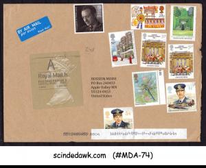 GREAT BRITAIN - 2014 AIR MAIL ENVELOPE TO USA WITH 9-STAMPS