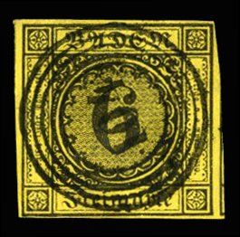 German States, Baden #8 Cat$27.50, 1853 6kr black on yellow, neat target canc...