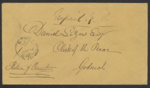 1865 Unpaid Return of Conviction Cover Ethel (Huron) CW to Goderich