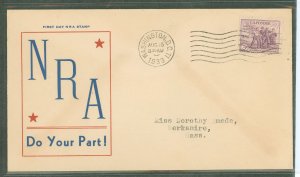 US 732 1933 3ct National recovery Administration (NRA) single/on an addressed (typed) first day cover with a Linprint cachet (co