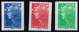 France 2008, Sc.#3468-3470 MNH. coil stamps: Marianne de Beaujard with number