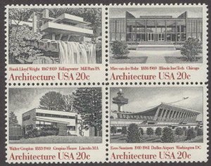 1982 Architecture Block Of 4 20c Postage Stamps, Sc# 2019-2022, MNH, OG