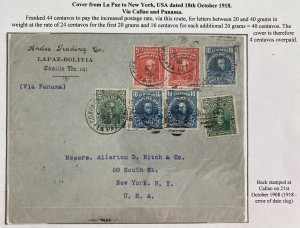 1918 La Paz Bolivia Commercial Cover To New York Usa Via Panama