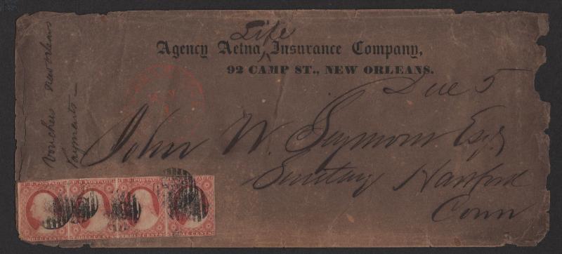 $US Sc#11a ADV. cover scarce strip of 4, 2oz. prepaid Due 5