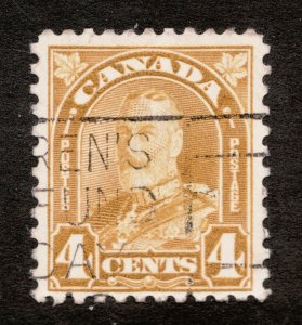 1930 Canada Sc #168 Arch/Leaf KGV 4¢ - Used postage stamp - slogan cancel Cv $10