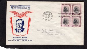 832 Woodrow Wilson, FDC blk/4 Fidelity cachet addressed