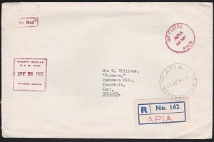 SAMOA 1969 Official Paid registered cover Apia to UK.......................A8801