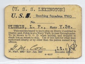 1940 USS Lexington CVA-2 Ship's Liberty Identity Card (N8019)