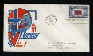 # 911 First Day Cover with Cachet Craft cachet Washington, DC 7-27-1943
