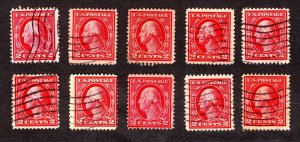 1912, US 2c, George Washington, Used, Lot of 10, Scott #406