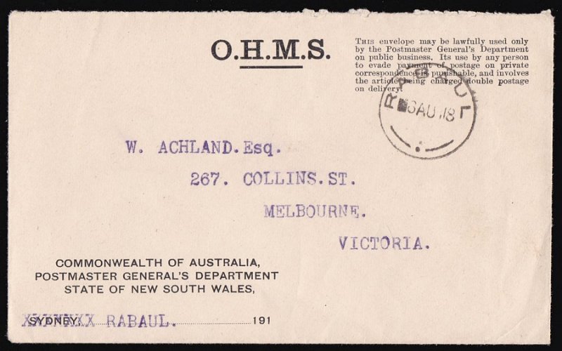 NEW GUINEA NWPI 1918 OHMS PO NSW envelope to Australia