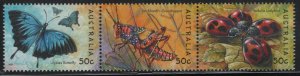 Australia 2003 MNH Sc 2189a 50c Butterfly, grasshopper, ladybird Strip of 3