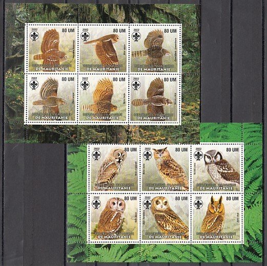 Mauritania, 2002 Cinderella issue. Owls on 2 sheet of 6. #2. Scout Logo. ^