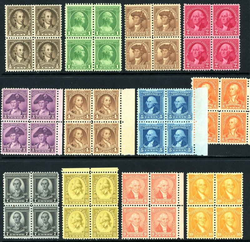 USAstamps Unused VF US1932 Washington Blocks Complete Set Scott 704 - 715 OG MNH 