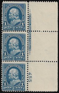 US #264 SCV $125.00 PLATE NUMBER STRIP,  VF mint never hinged,  deep rich col...