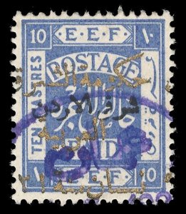 Transjordan 1923 10p ultramarine (gold overprint) very fine used. SG 67. Sc 62.