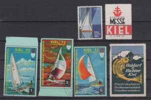 Group of 6 German Tourism Advertising Stamps for Kiel, Sailboats, Fish, etc.