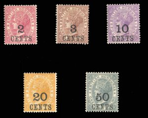 British Honduras #28-32 Cat$95, 1886-89 Surcharges, set of five, lightly hinged
