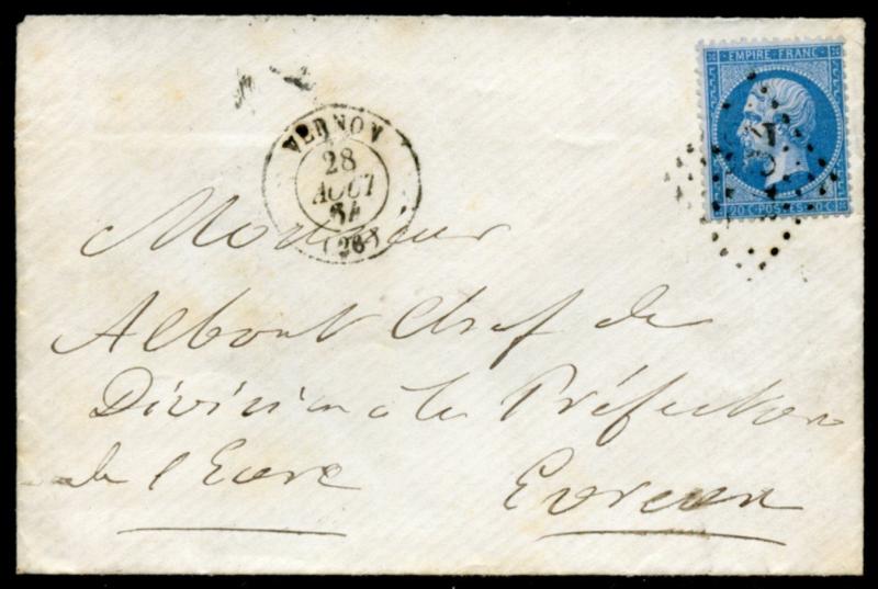 FRANCE VERNON CANCEL 28 AOUT 1864 20 centimes PERF STAMP ON COVER TO EVRUEUX