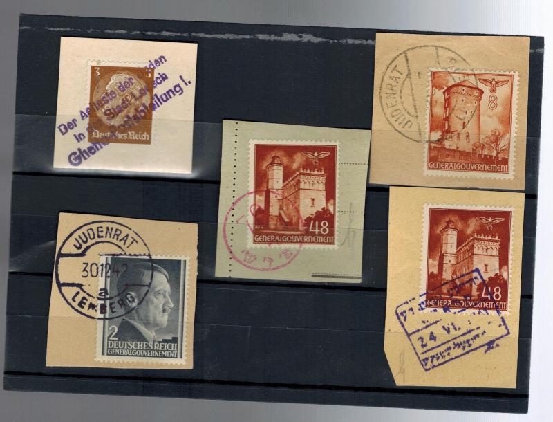 5 1940s Germany Ghetto Stamps on Pieces with Judenrat Cancels Judaica Lemberg