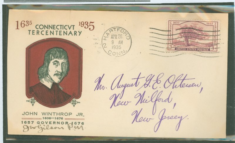 US 772 1935 Connecticut tercentenary on an addressed FDC with a Linprint cachet and a postmaster's autograph