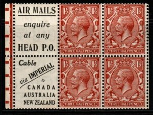 GB SGNB15a(1) 1924 1½d RED-BROWN WMK INVERTED BOOKLET PANE MNH