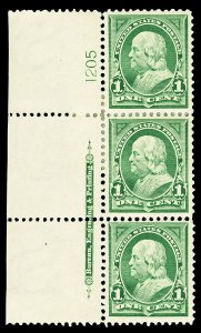 Scott 279 1c Green Franklin Plate# Strip of 3 Mint VF OG Cat $37.50