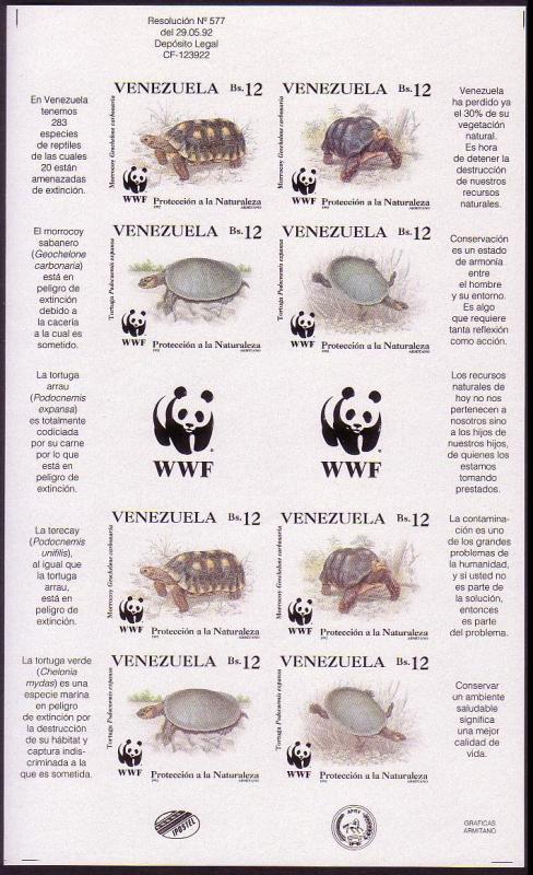 Venezuela WWF Tortoise Turtle Imperf Sheetlet of 2 sets 1992 MNH