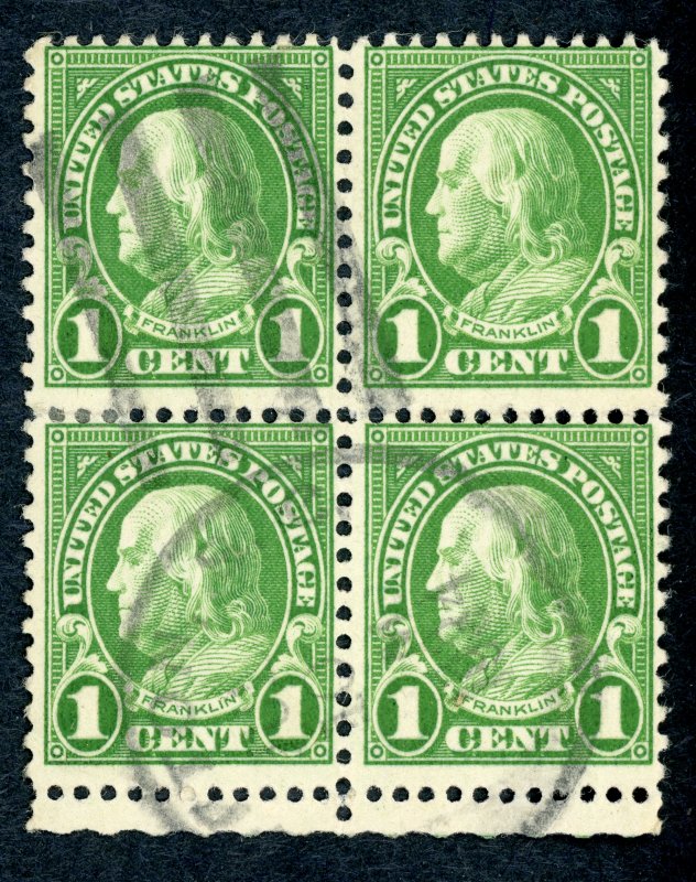 #632 – 1926-28 1c Franklin, green. Used block of 4.