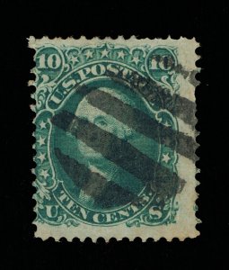 VERY AFFORDABLE SCOTT #96 F-VF USED 1868 YELLOW-GREEN 10¢ WASHINGTON F-GRILL